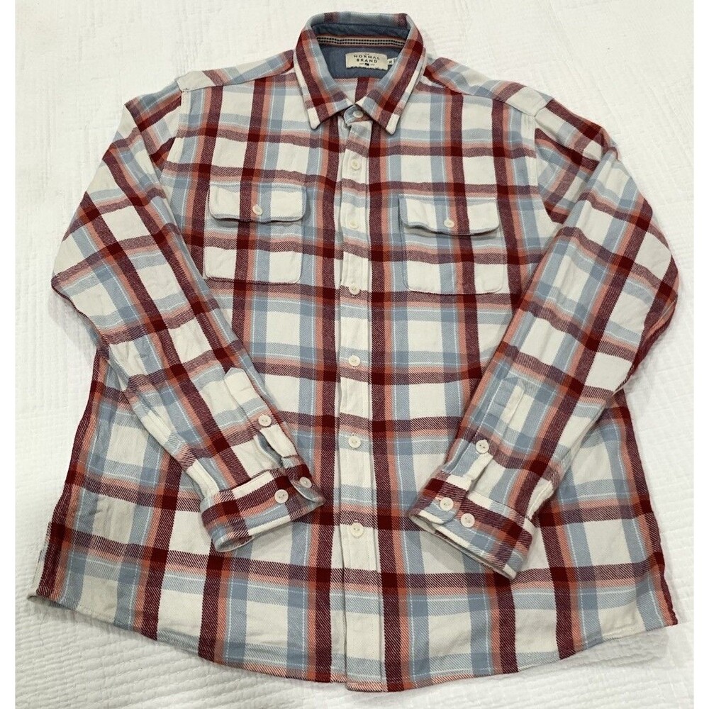 The Normal Brand Casual Button Up Mens XL Red White Blue Plaid Cotton Flannel